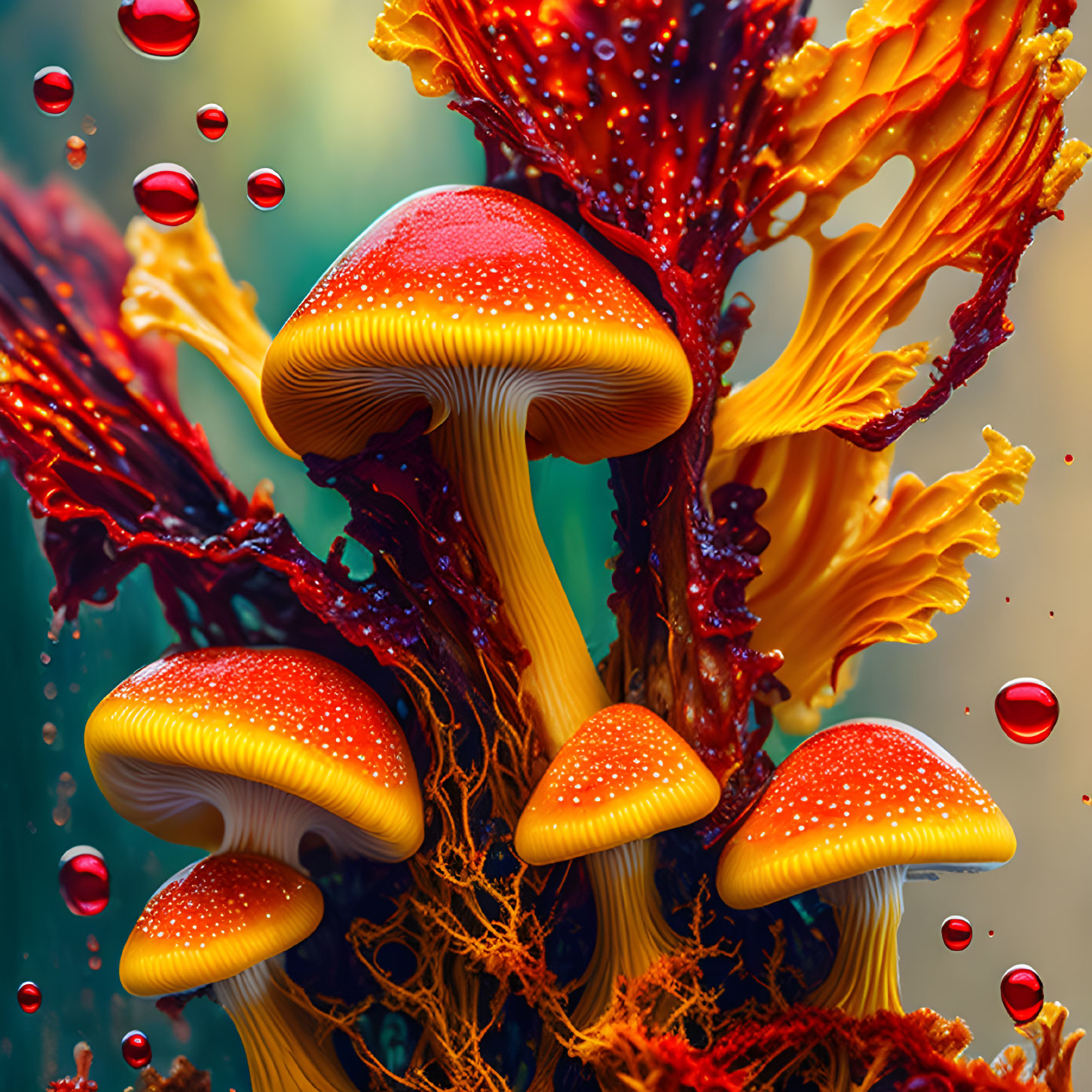 Colorful digital artwork featuring red and yellow mushrooms, fiery liquid, and floating red droplets on green