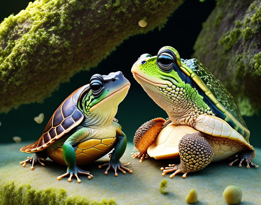 Whimsical animated frogs with turtle shells under moss-covered log