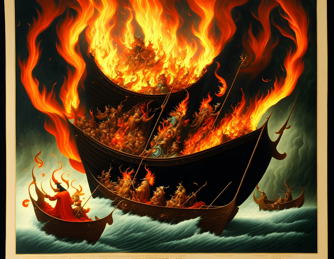 Viking ship on fire with people in distress at sea