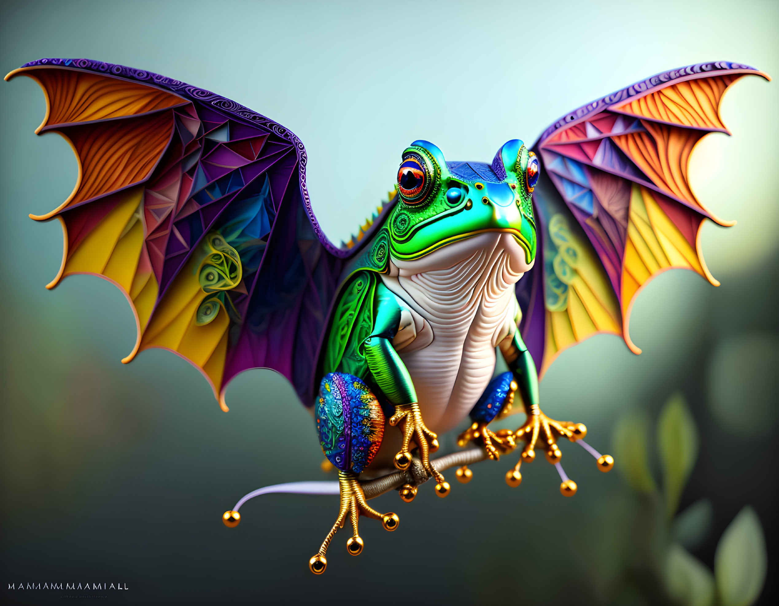 Colorful Frog with Stained Glass Wings Perched Fantastically