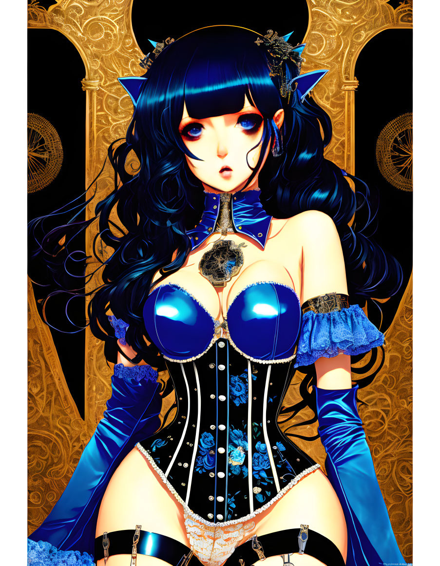 Illustration of female character with blue hair, red eyes, gothic dress.