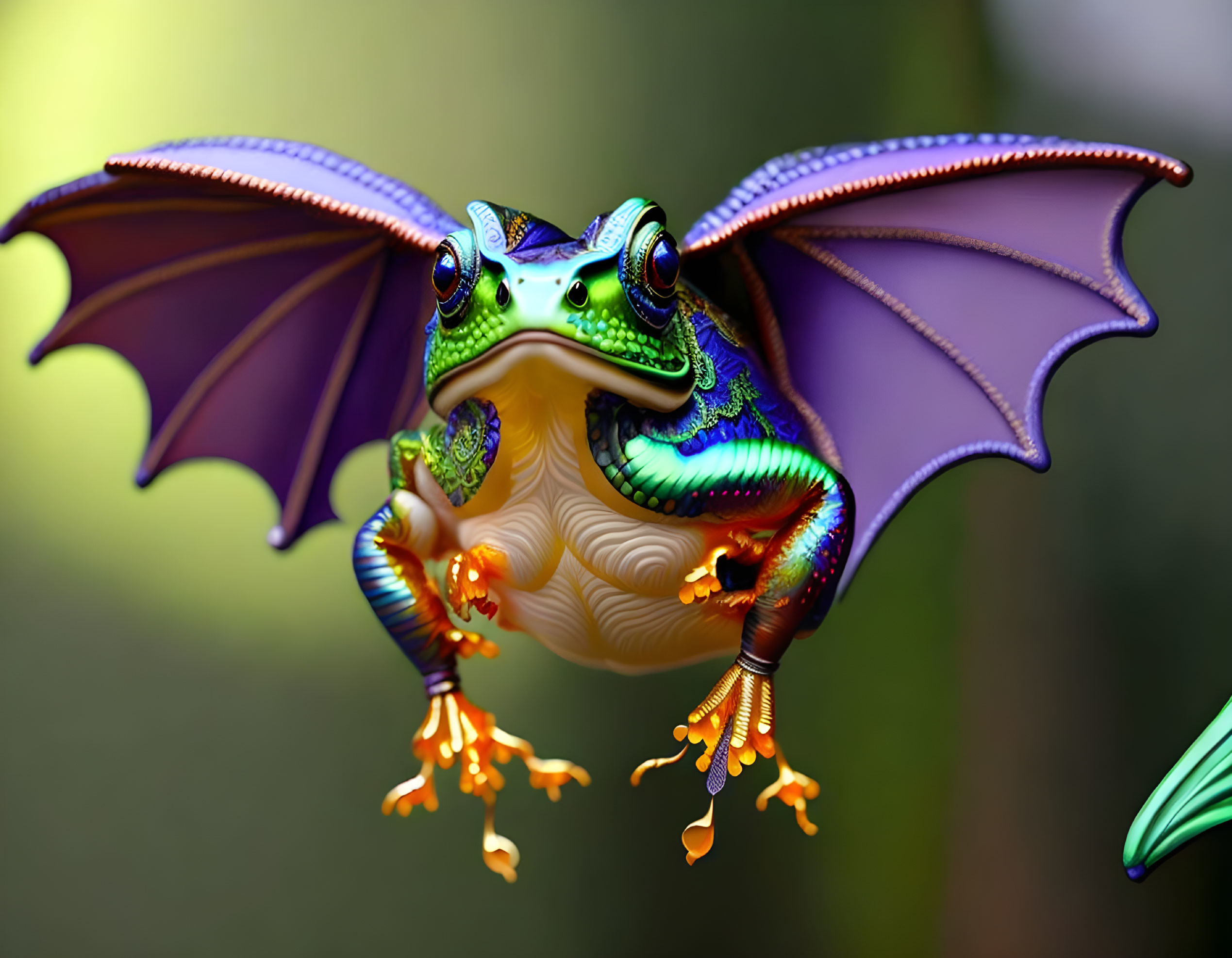 Colorful whimsical frog with bat-like wings in flight, vibrant iridescent hues.