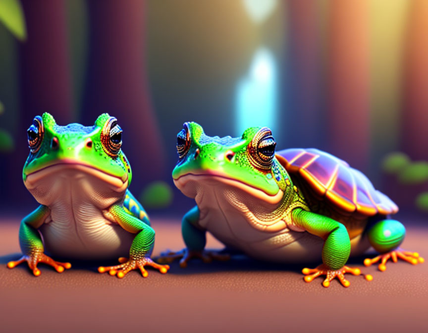 Colorful Stylized Frogs with Patterned Skin and Shells on Blurred Background