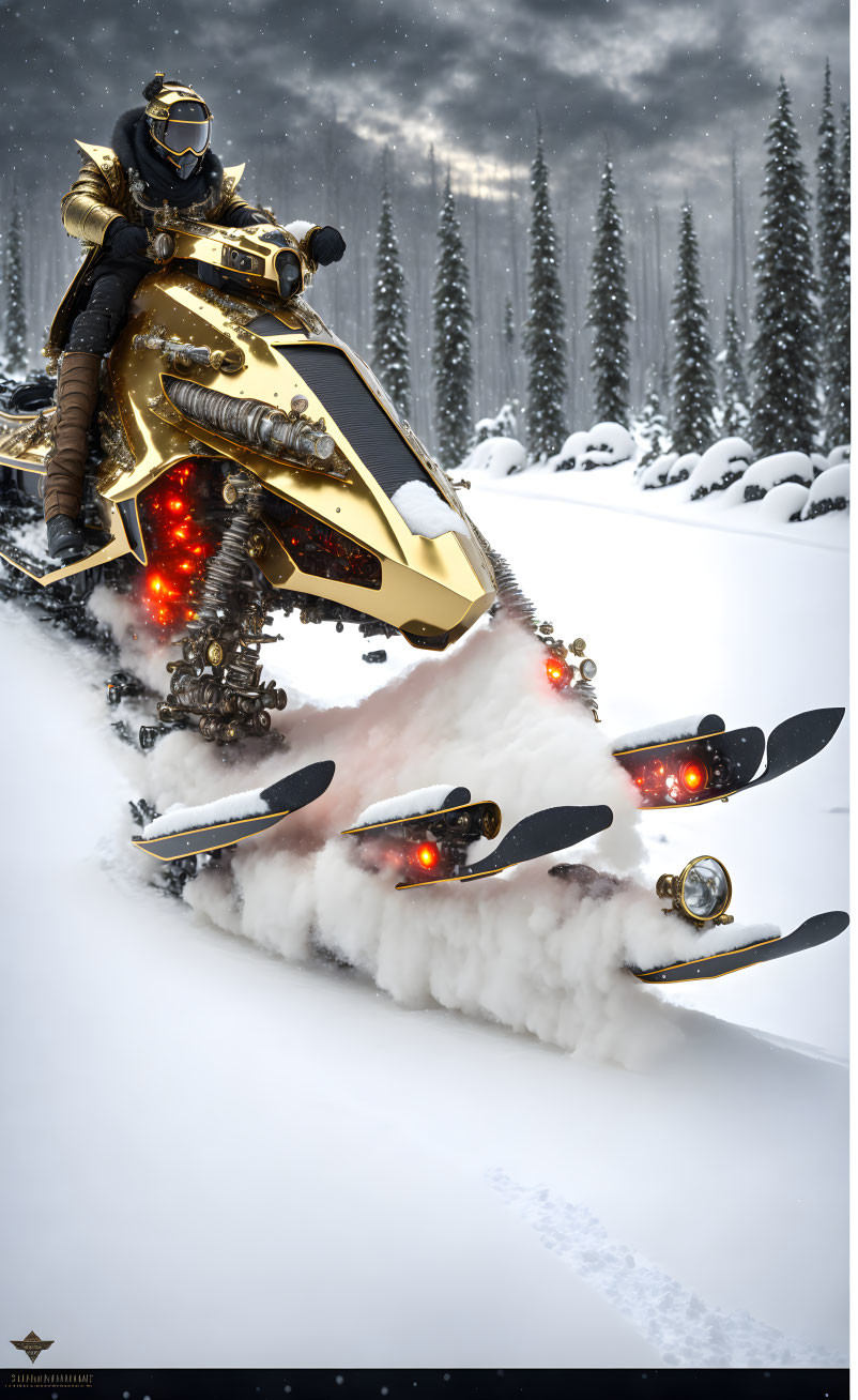 Futuristic gold and black armored rider on modified snowmobile in snowy forest