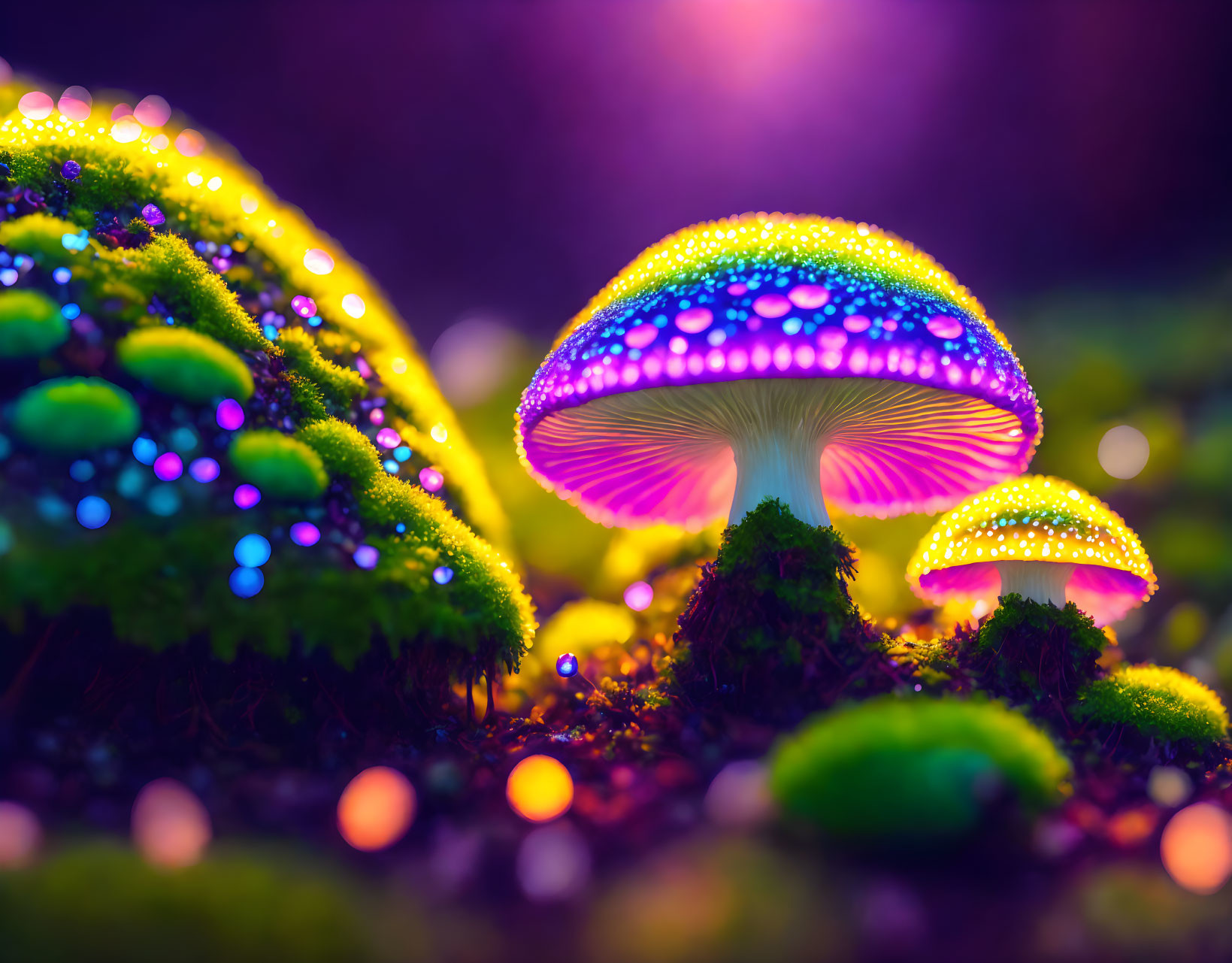 Colorful Neon Mushrooms Illuminate Mossy Forest Floor