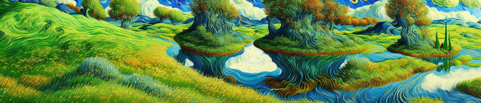 Colorful Swirling Landscape with Greenery and Waterways