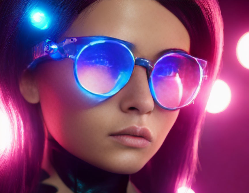 Person wearing reflective sunglasses under pink and blue neon lights