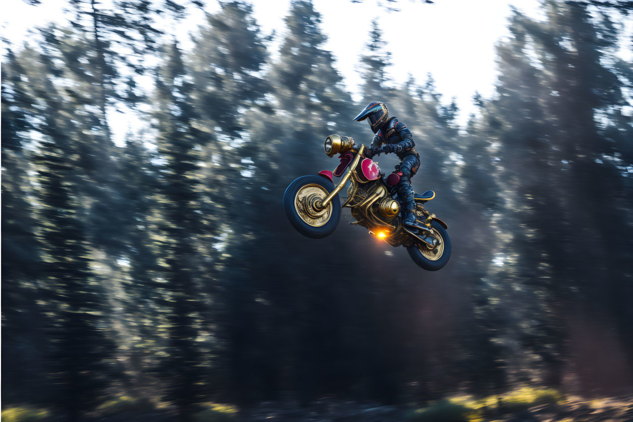 Motorcyclist mid-air jump with motion blur background of trees