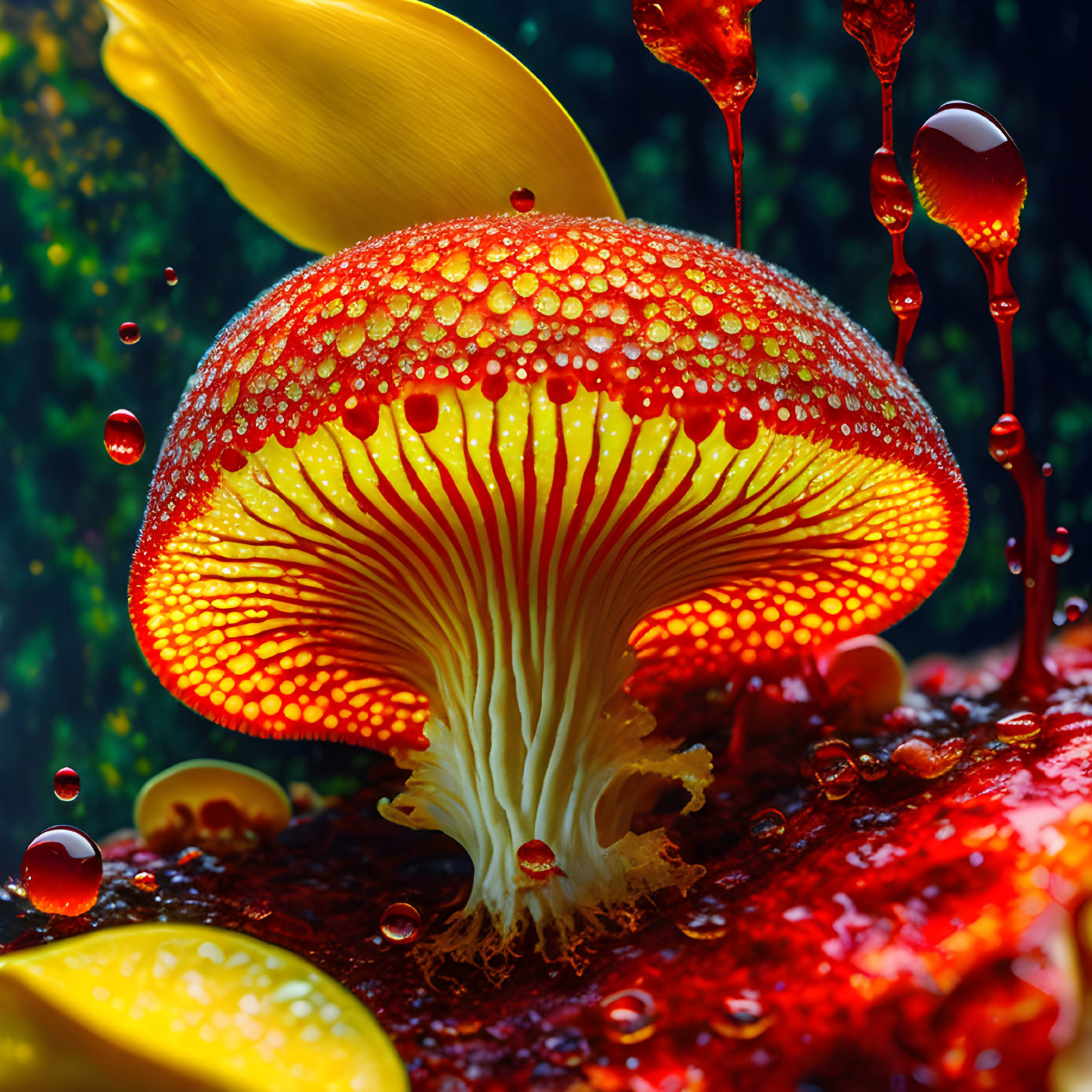 Vibrant red mushroom with water droplets, backlit in dark setting