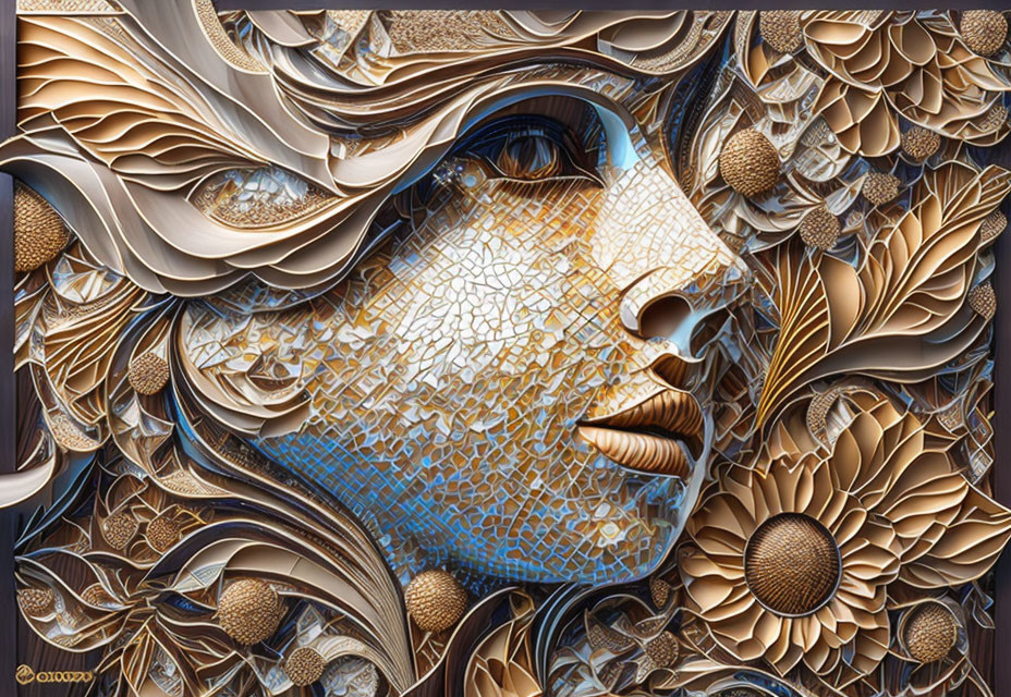 Detailed Woman's Face Artwork with Floral Mosaic in Earthy Tones