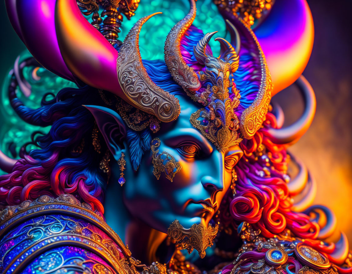 Colorful digital artwork of fantastical creature with horns, blue skin, jewelry, and fiery hair.