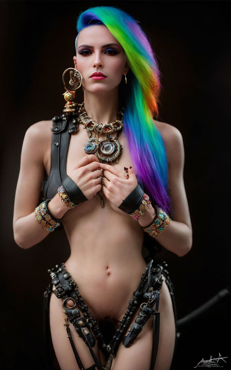 Colorful Hair and Bold Makeup on Woman in Leather Outfit