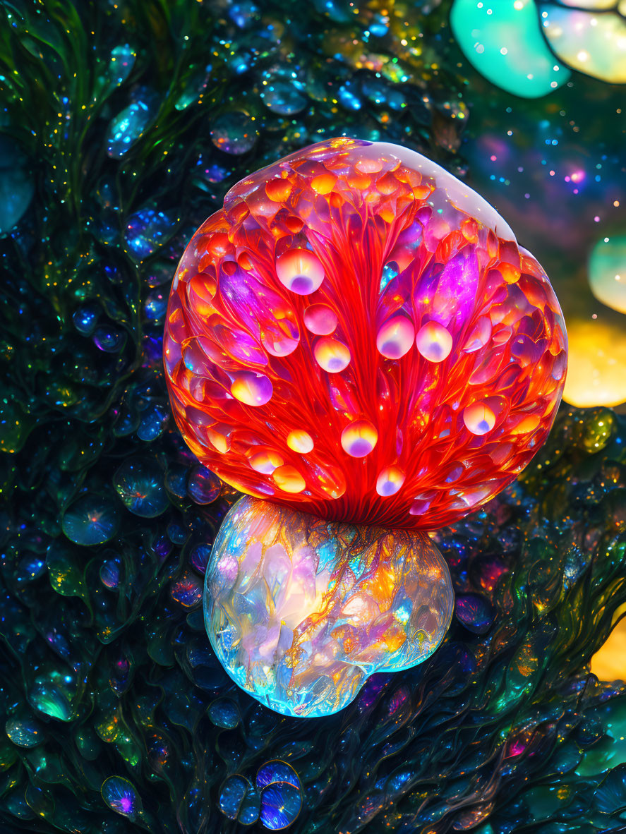 Colorful Alien-like Jellyfish with Orange Tendrils and White Spots on Iridescent