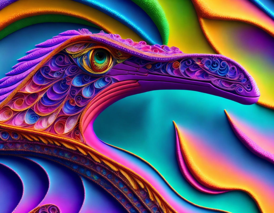 Colorful abstract bird art in blue, purple, green, and orange