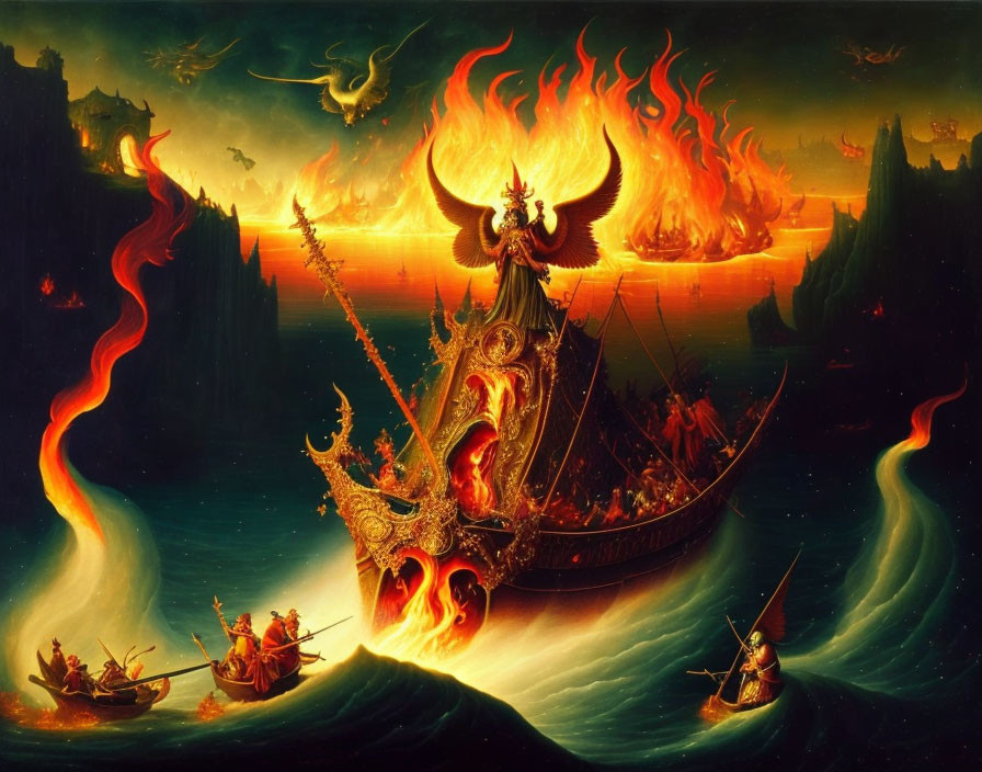 Winged figure on boat surrounded by flames and dragons in mystical city scene