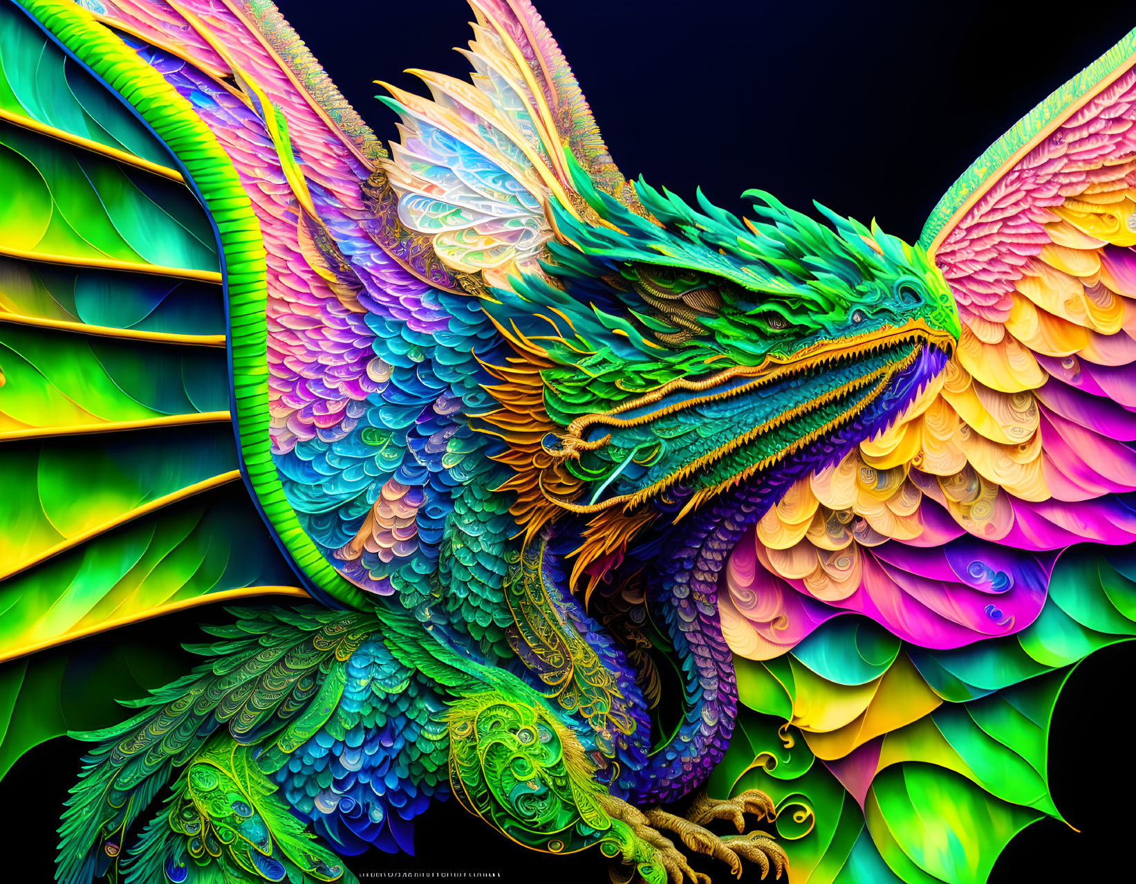 Colorful fractal art: Multicolored dragon with intricate patterns on black background