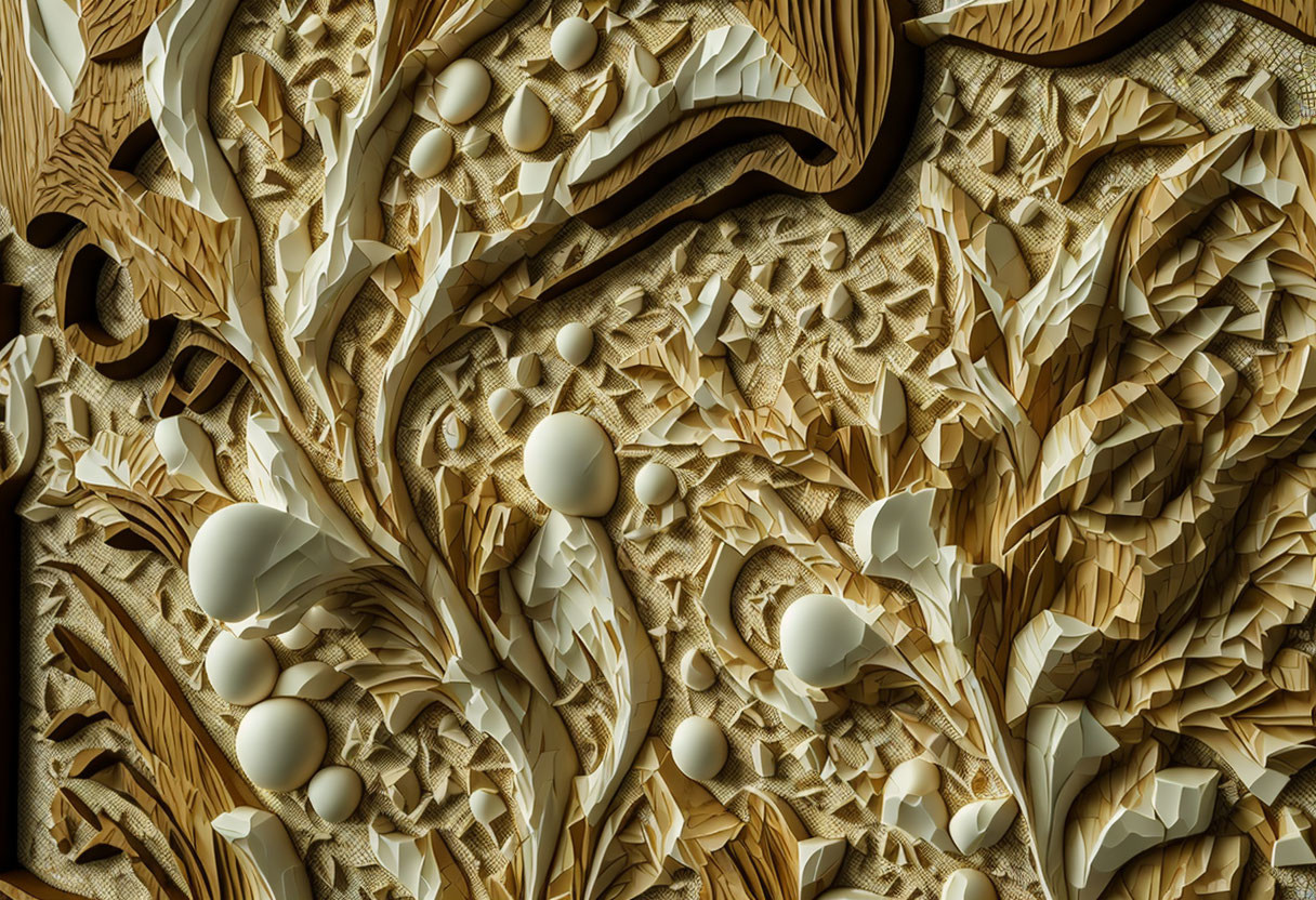 Detailed Wooden Carving: Intricate Floral Patterns & Spherical Objects