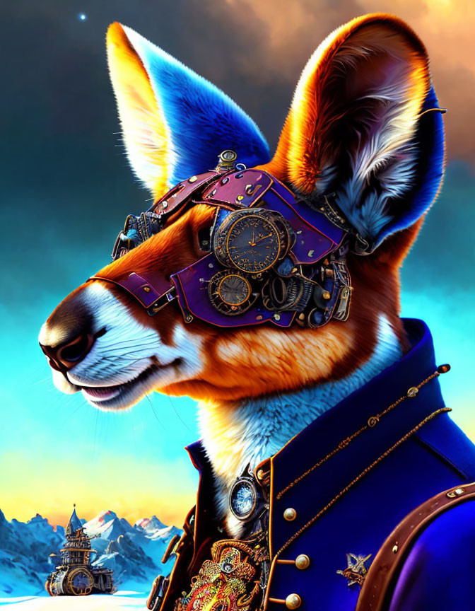 Fox portrait with steampunk eyepiece in regal blue uniform, snowy landscape.