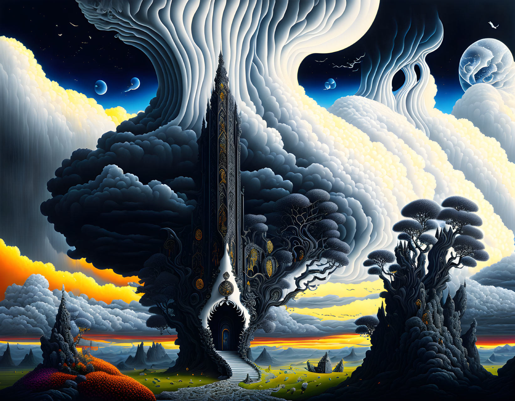 Surreal landscape with towering tree-like structure and celestial bodies