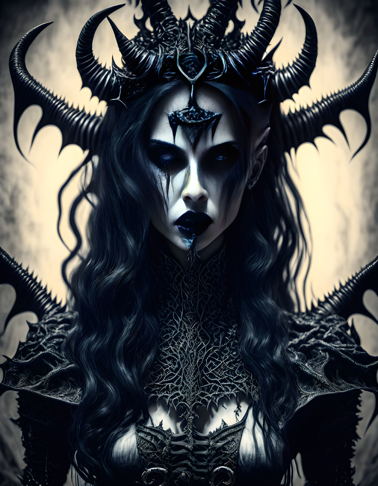 Elaborate Horns Gothic Fantasy Figure in Dark Attire