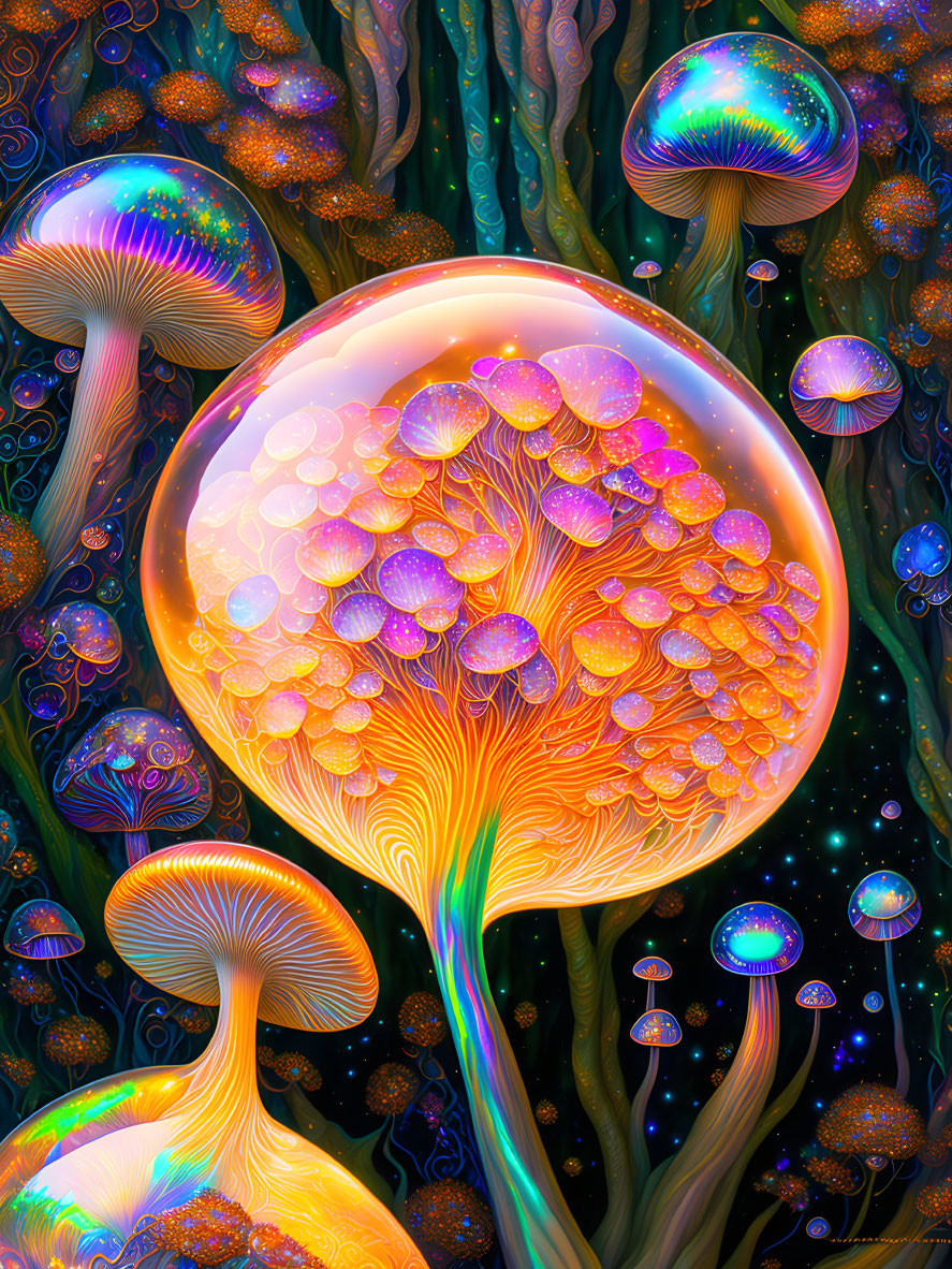 Colorful Psychedelic Illustration of Glowing Mushrooms and Tree