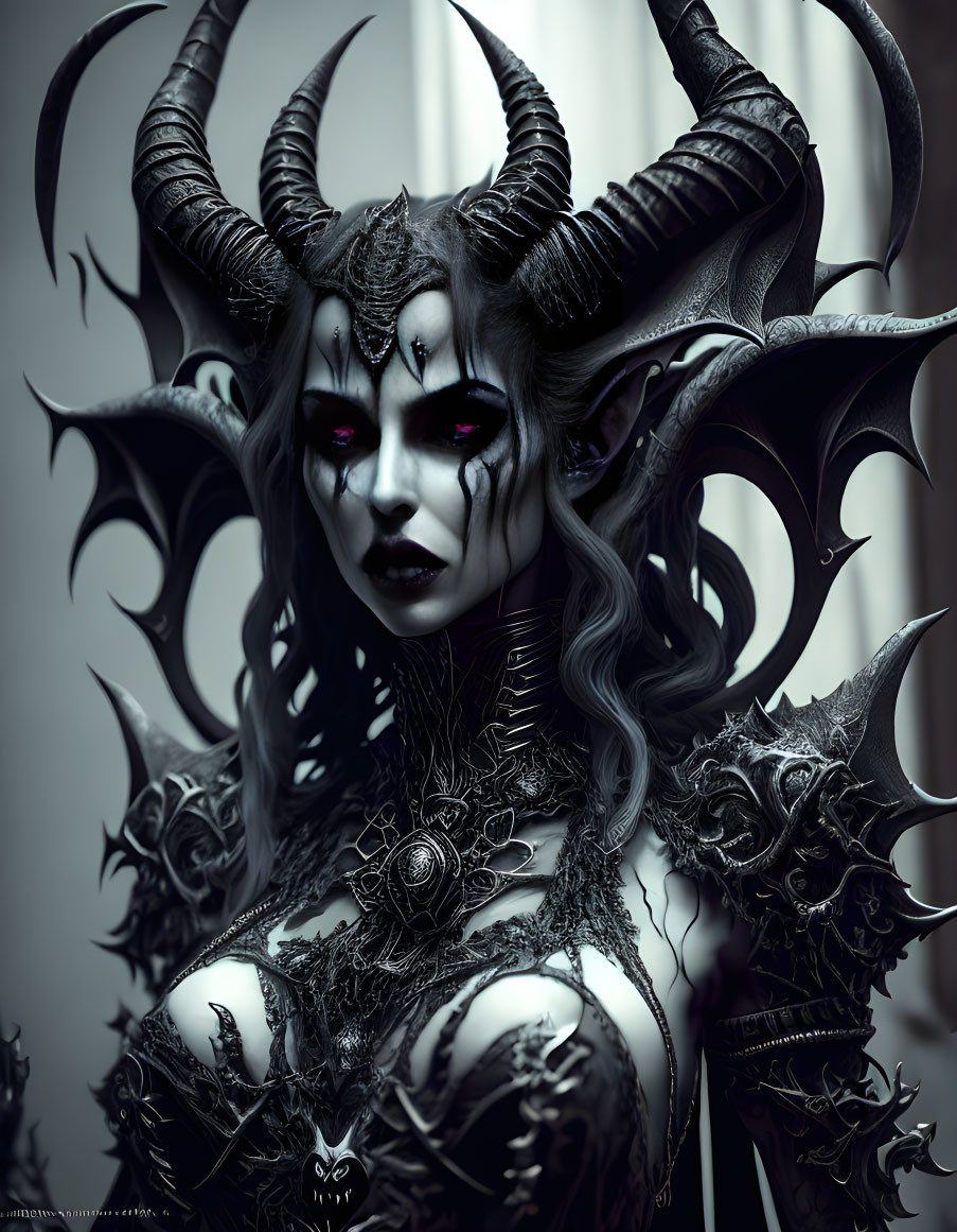 Gothic fantasy character with intricate horned headpiece and glowing red eyes in dark armor against mo