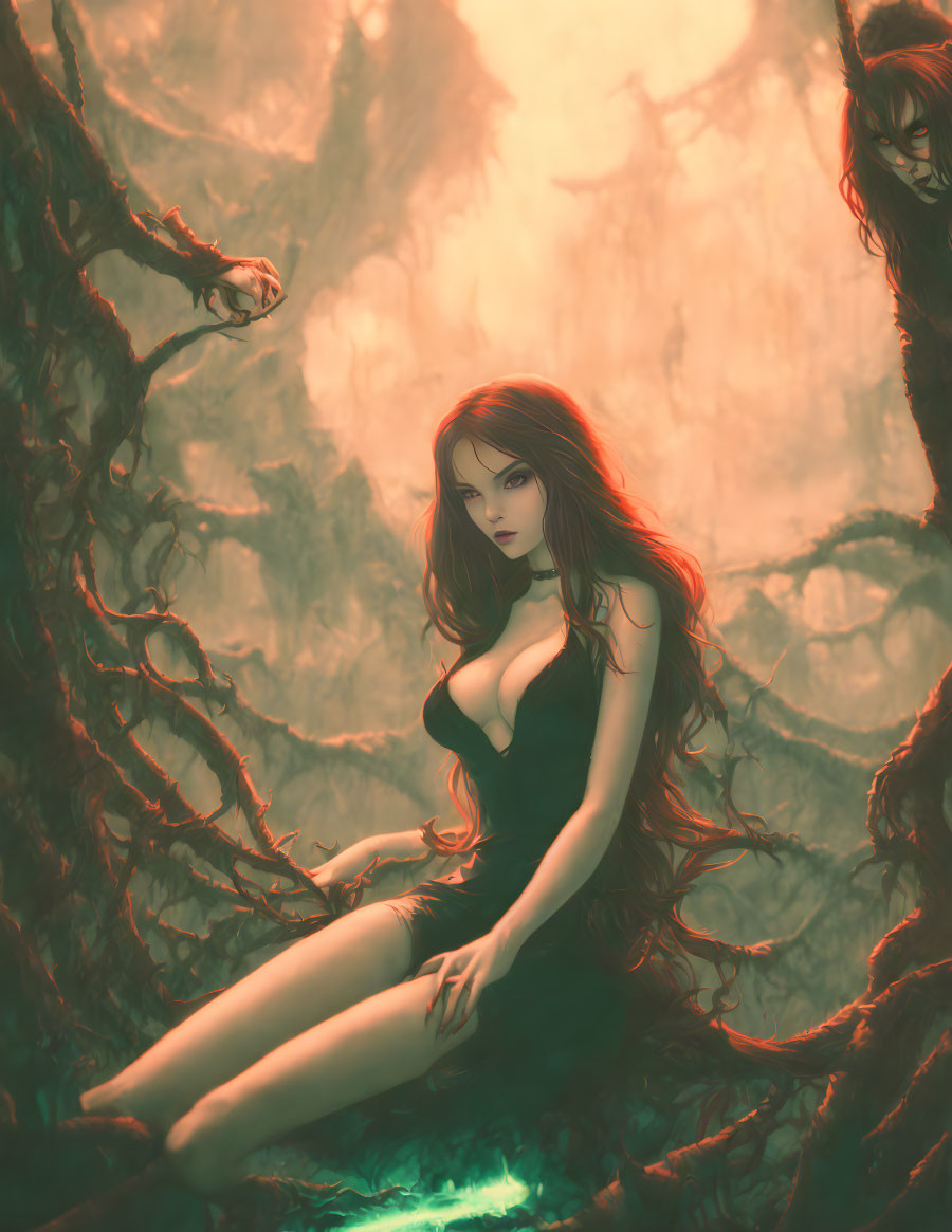 Mystical woman with long hair in foggy forest with shadowy figure