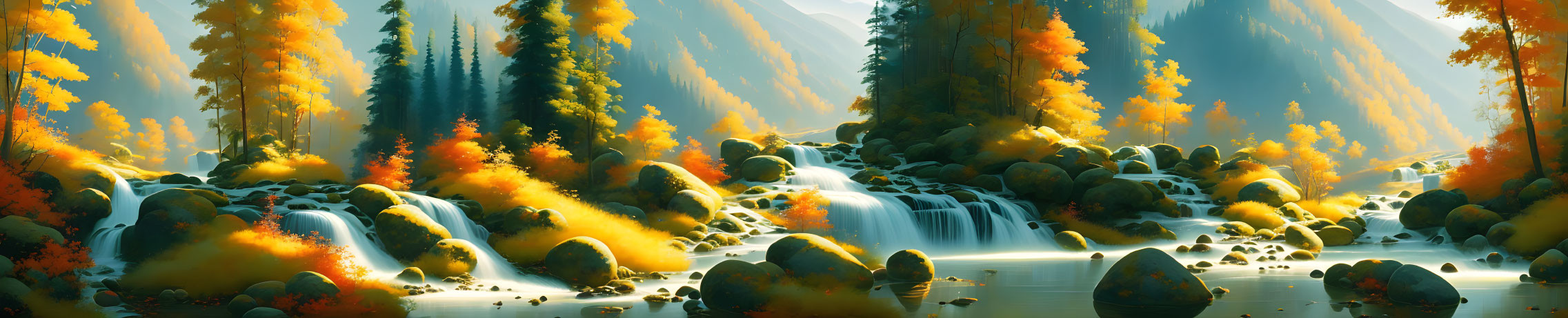 Tranquil autumn scene with waterfall, colorful trees, and serene river