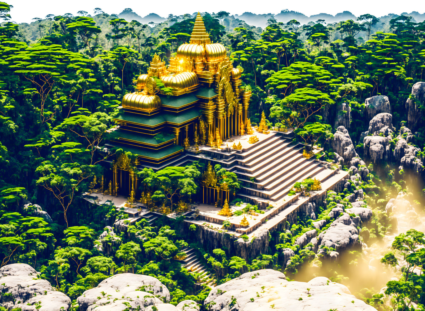 Golden Temple in Lush Jungle with Misty Mountains