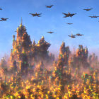 Misty mountain spires under golden light with flying creatures.