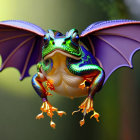 Colorful whimsical frog with bat-like wings in flight, vibrant iridescent hues.