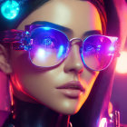 Person wearing reflective sunglasses under pink and blue neon lights