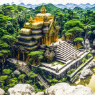 Golden Temple in Lush Jungle with Misty Mountains