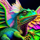 Colorful fractal art: Multicolored dragon with intricate patterns on black background