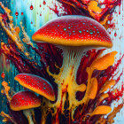 Colorful digital artwork featuring red and yellow mushrooms, fiery liquid, and floating red droplets on green