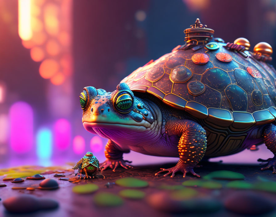 Detailed Mechanical Shell Turtle Beside Miniature Version in Colorful Surroundings