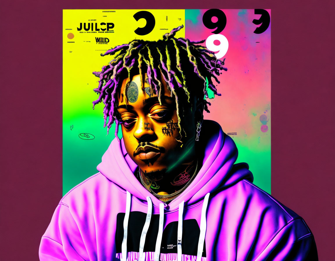 Colorful Portrait of Person with Dreadlocks, Tattoos, and Purple Hoodie on Pink Background