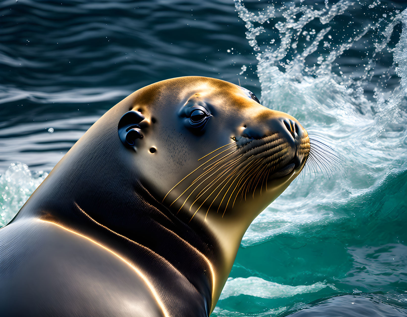 Curious sea lion with wet glistening fur emerges from turquoise waters