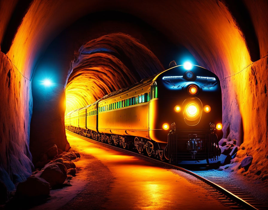 Vintage Train Exiting Tunnel with Vibrant Blue and Orange Lighting