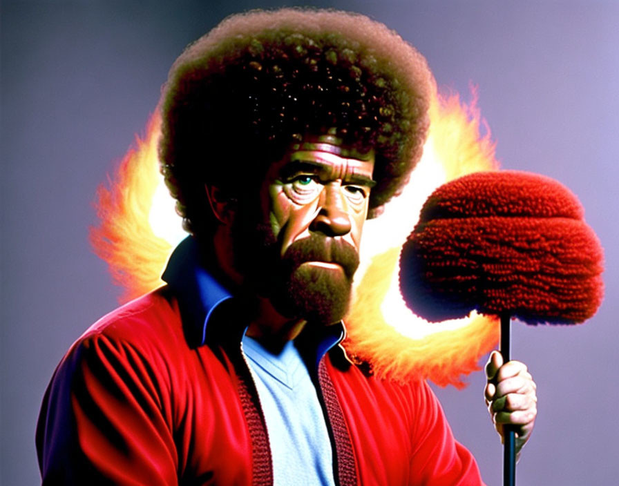 Man with Large Afro and Beard Holding Red Microphone under Colorful Halo Lights