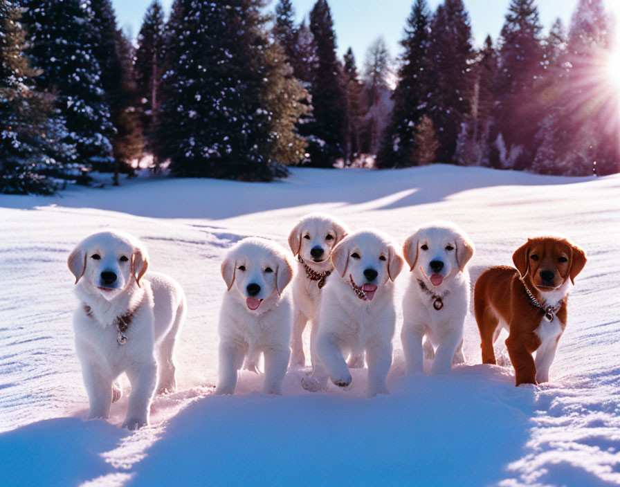 Five puppies playing in snow with sunlight through trees.