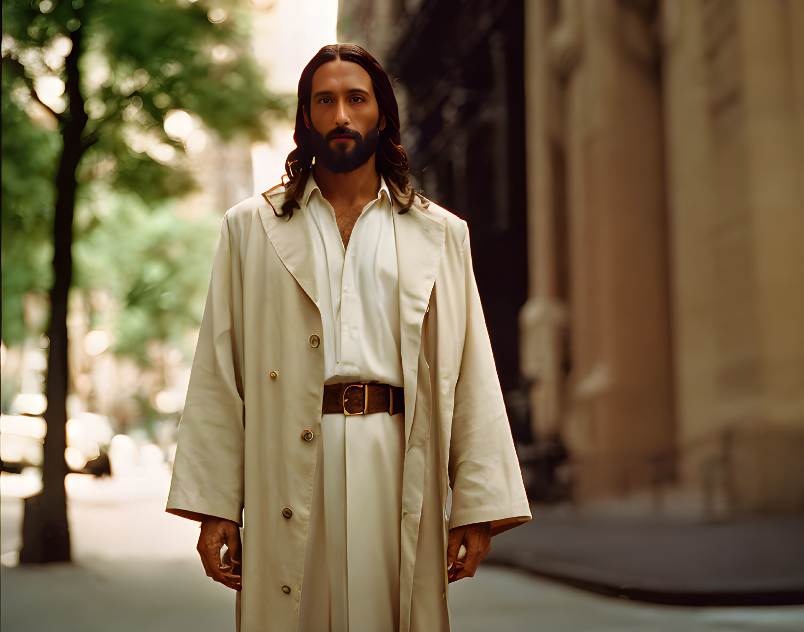 Man with Long Hair and Beard in White Coat on Urban Street