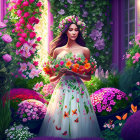 Woman in white off-shoulder dress with bouquet in vibrant garden setting