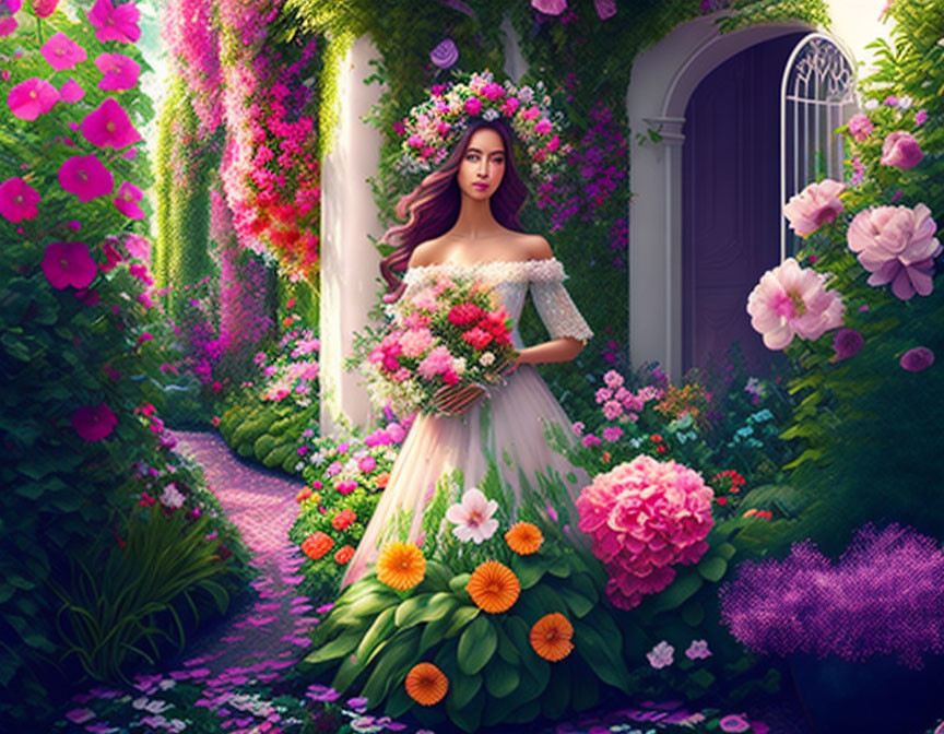 Woman in white off-shoulder dress with bouquet in vibrant garden setting