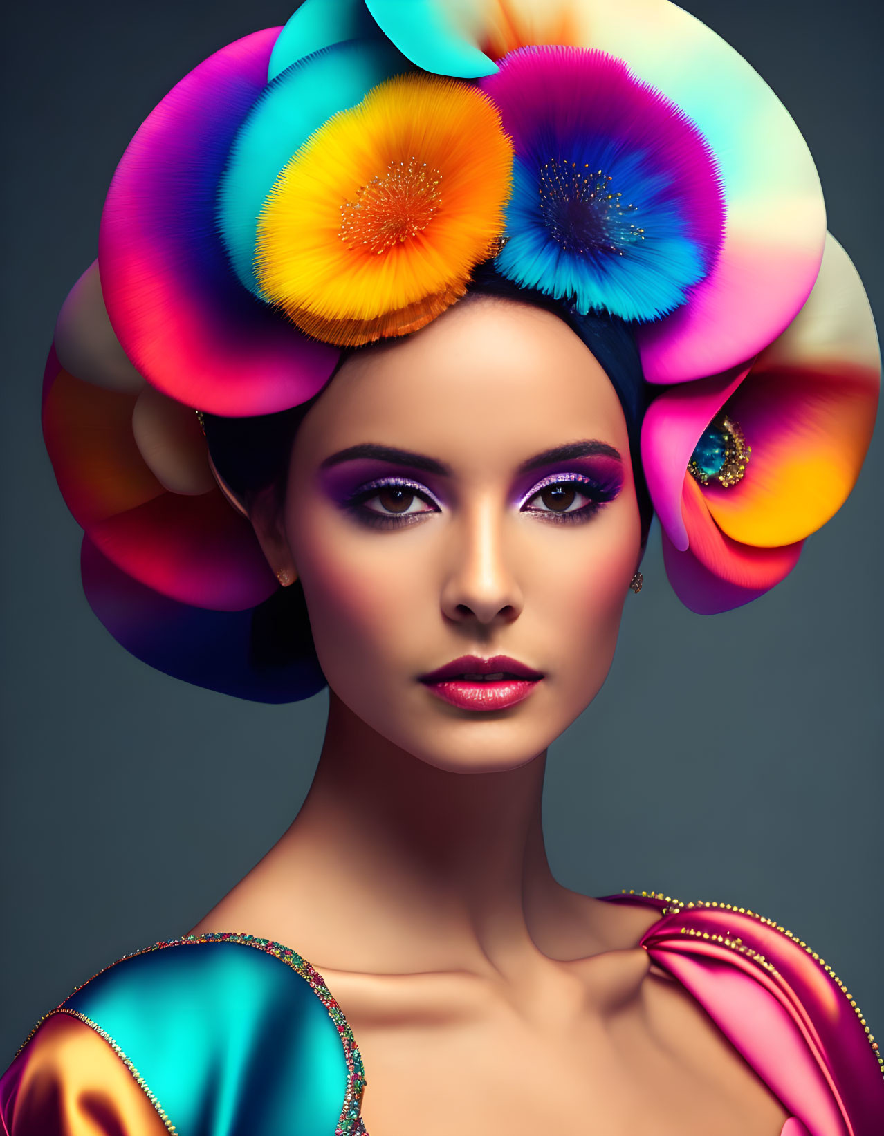 Colorful Floral Headdress and Vibrant Makeup on Woman Against Grey Background