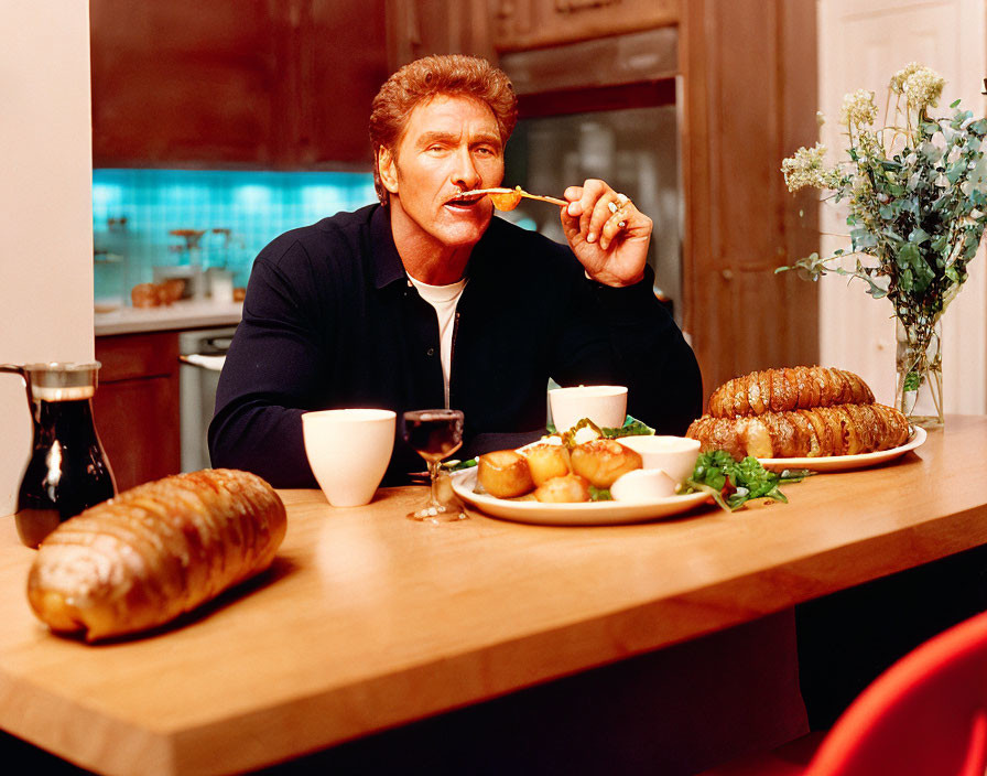 Man eating at dining table with bread, cups, and baked potatoes.