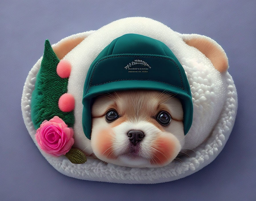 Realistic Puppy Face Cake with Cap and Floral Decorations