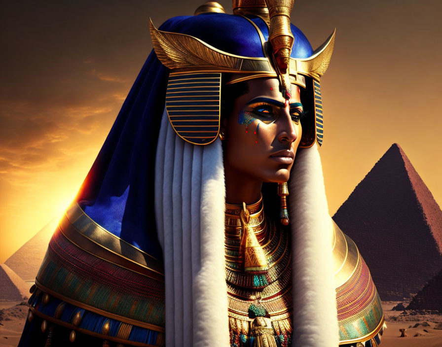 Digital artwork: Ancient Egyptian pharaoh in regal attire with pyramids.