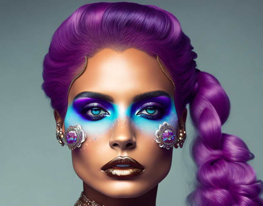 Vibrant purple hair, bold blue eyeshadow, jewel earrings portrait