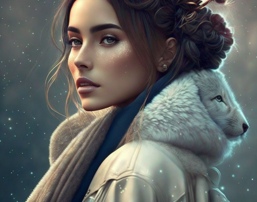 Digital Artwork: Serene woman with white fox on shoulder under starry sky